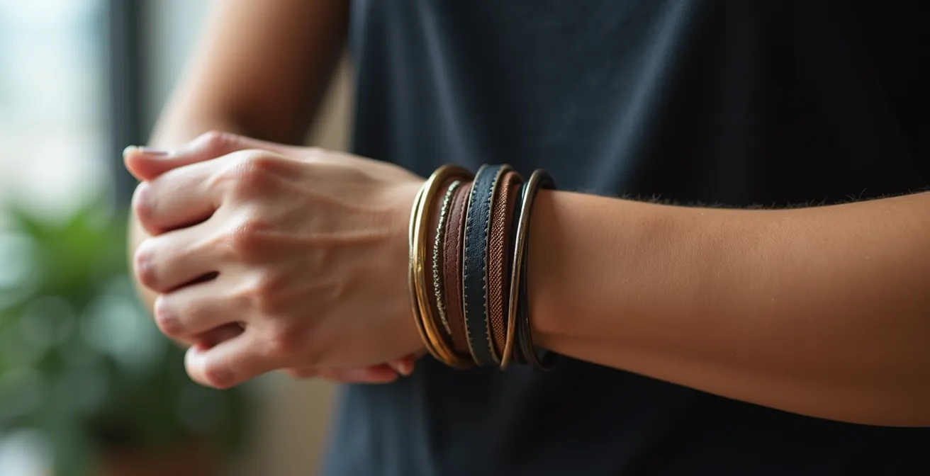 Vue détaillée de plusieurs joncs empilés sur un poignet montrant les points de pression et l'espacement optimal