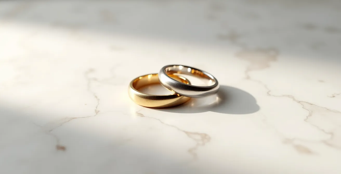 Deux alliances côte à côte montrant le contraste entre l'or jaune et le platine blanc