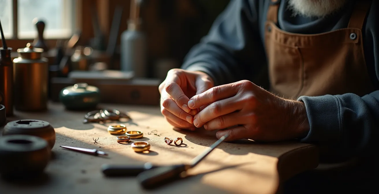 Mains d'artisan joaillier travaillant sur une alliance en or dans son atelier