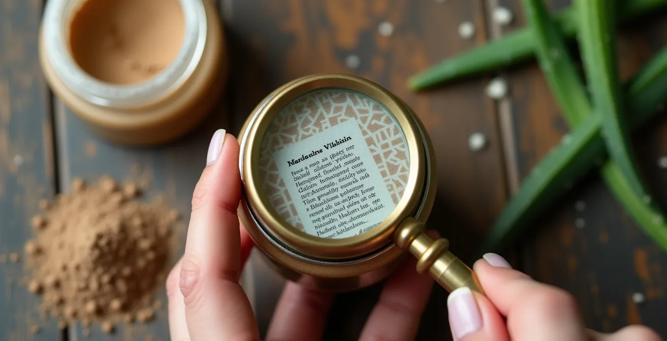 Main tenant une loupe grossissante sur une étiquette cosmétique avec ingrédients flous