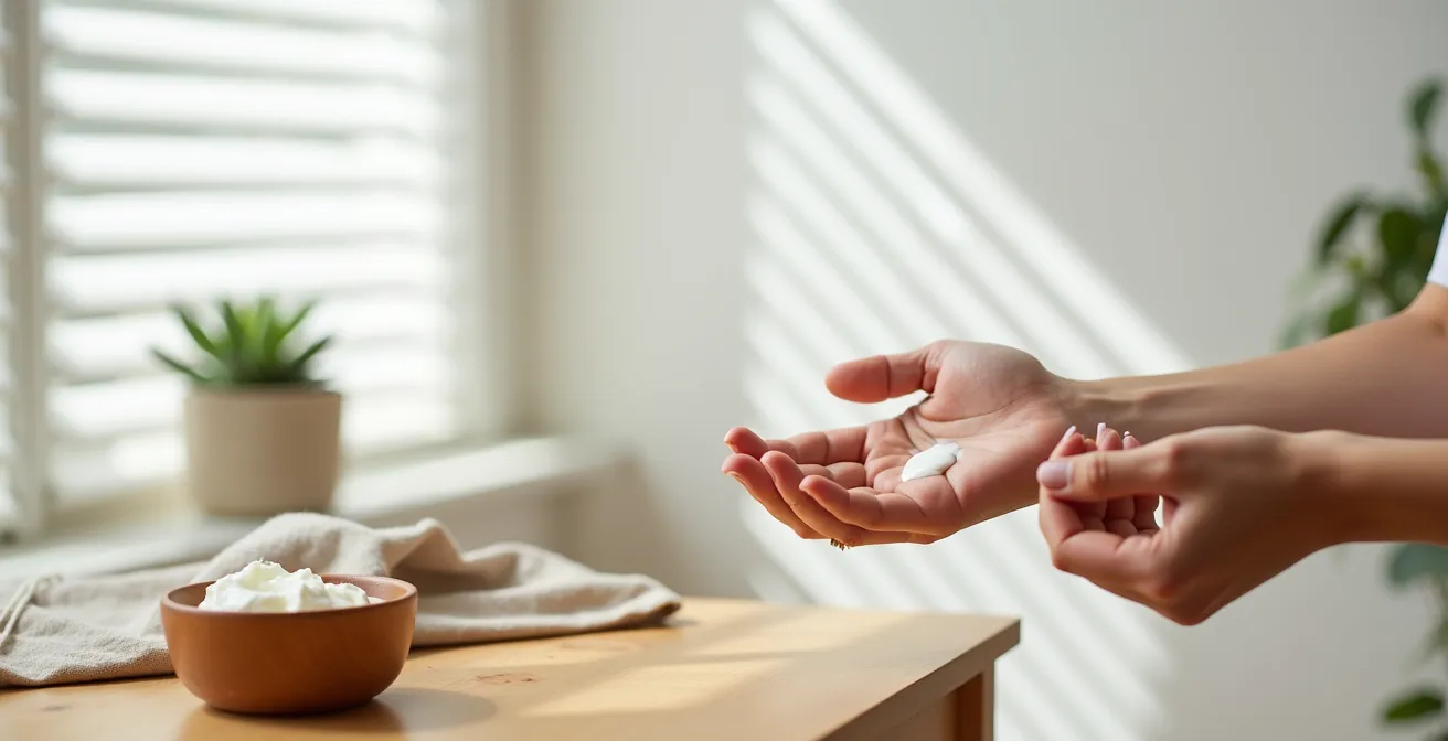 Mains appliquant une crème naturelle avec technique de massage circulaire sur avant-bras