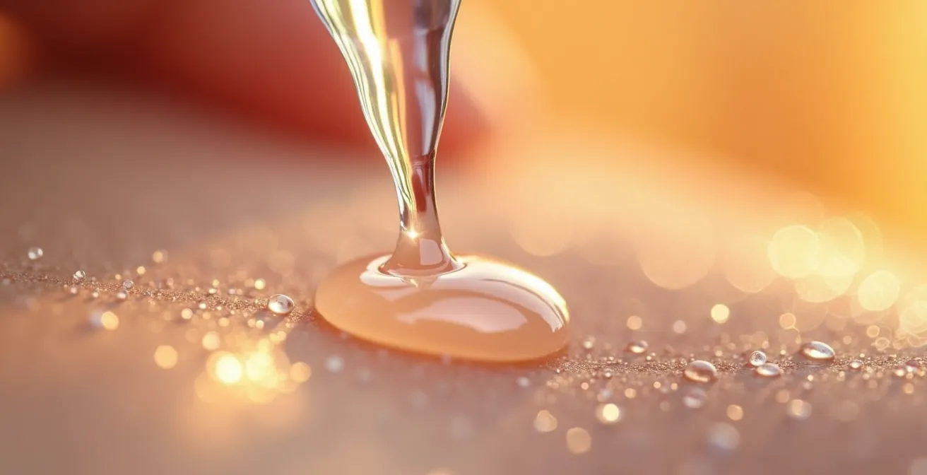 Vue macro de l'application d'un sérum transparent sur la peau avec texture visible