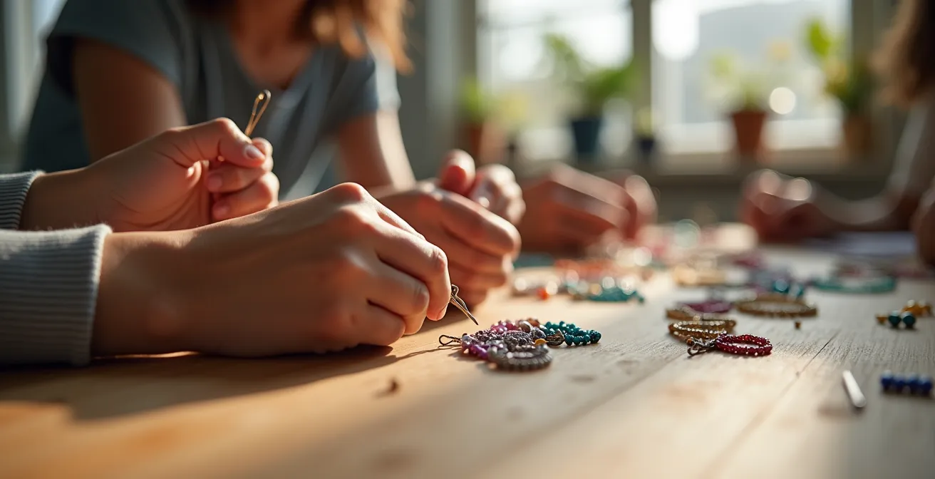Mains travaillant ensemble sur la création d'un bijou dans un atelier lumineux