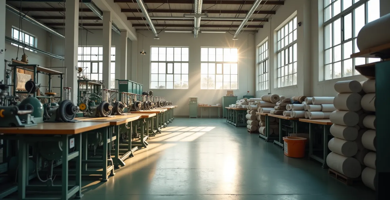 Vue d'ensemble d'un atelier textile français avec machines et tissu en cours de production