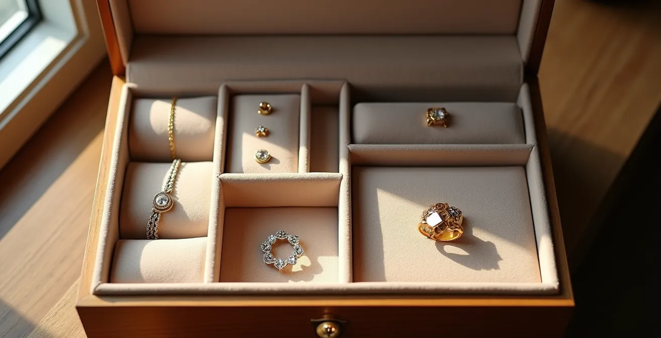 Boîte à bijoux avec compartiments séparés montrant l'organisation sécurisée des pierres précieuses