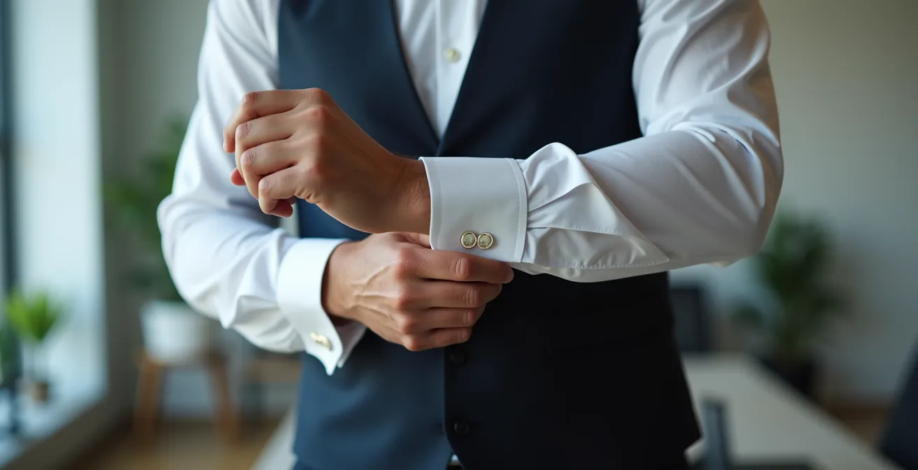 Main masculine ajustant discrètement des boutons de manchette en nacre blanche sur une chemise bleue dans un environnement de bureau épuré