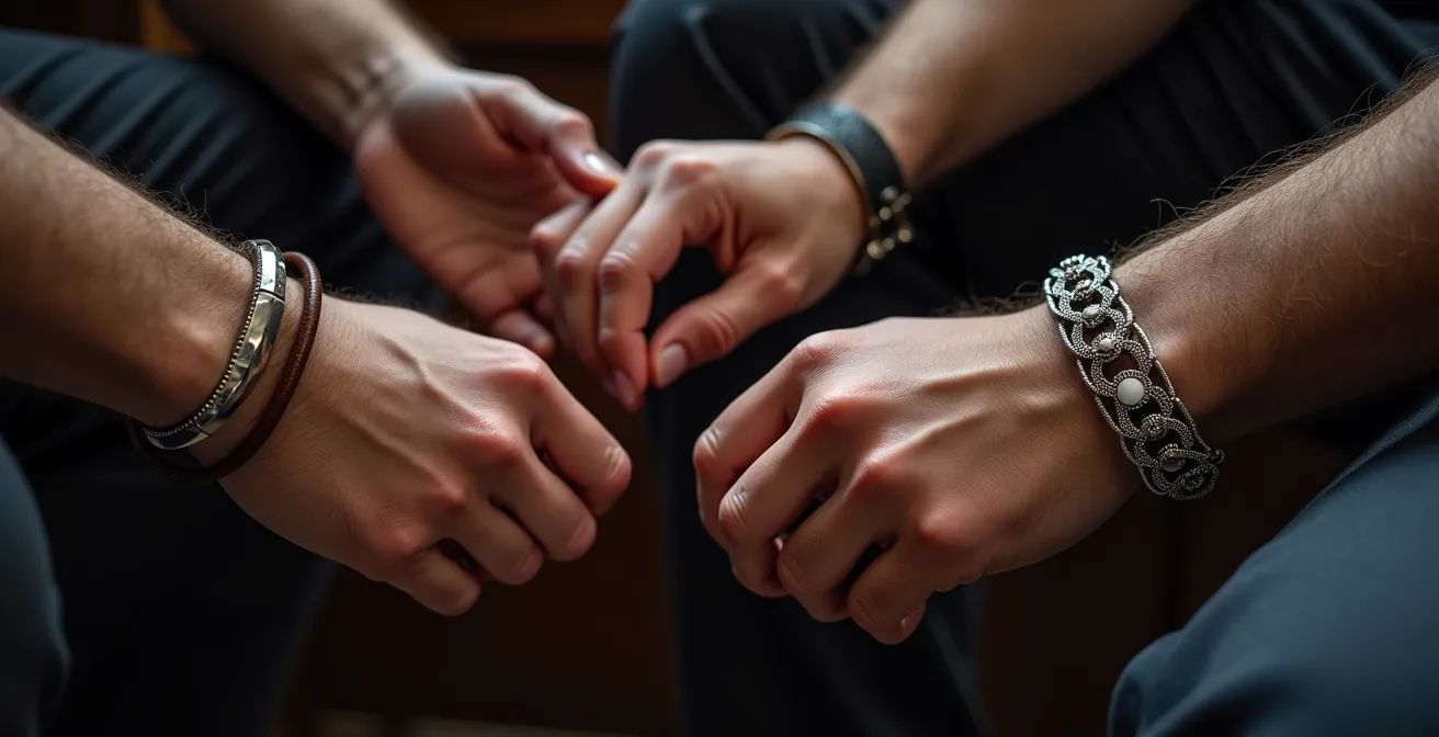 Collection de bracelets masculins mêlant argent 925, cuir noir et pierres naturelles sur fond sombre