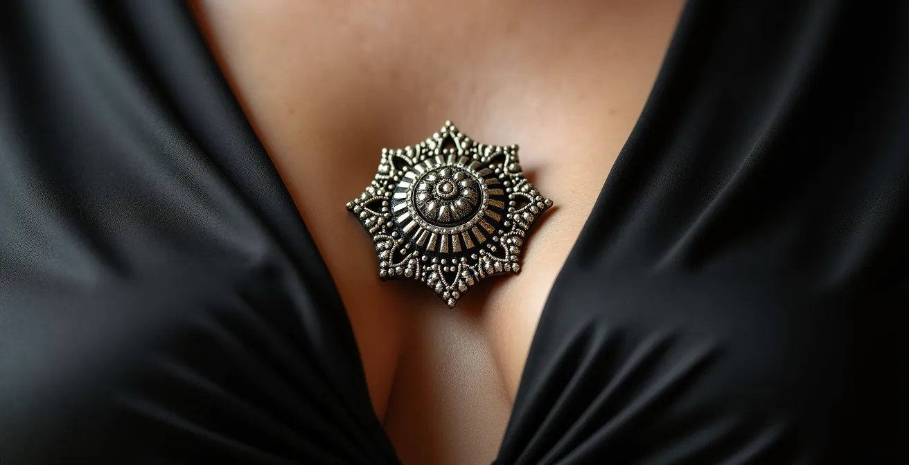 Broche précieuse positionnée élégamment sur un décolleté en V