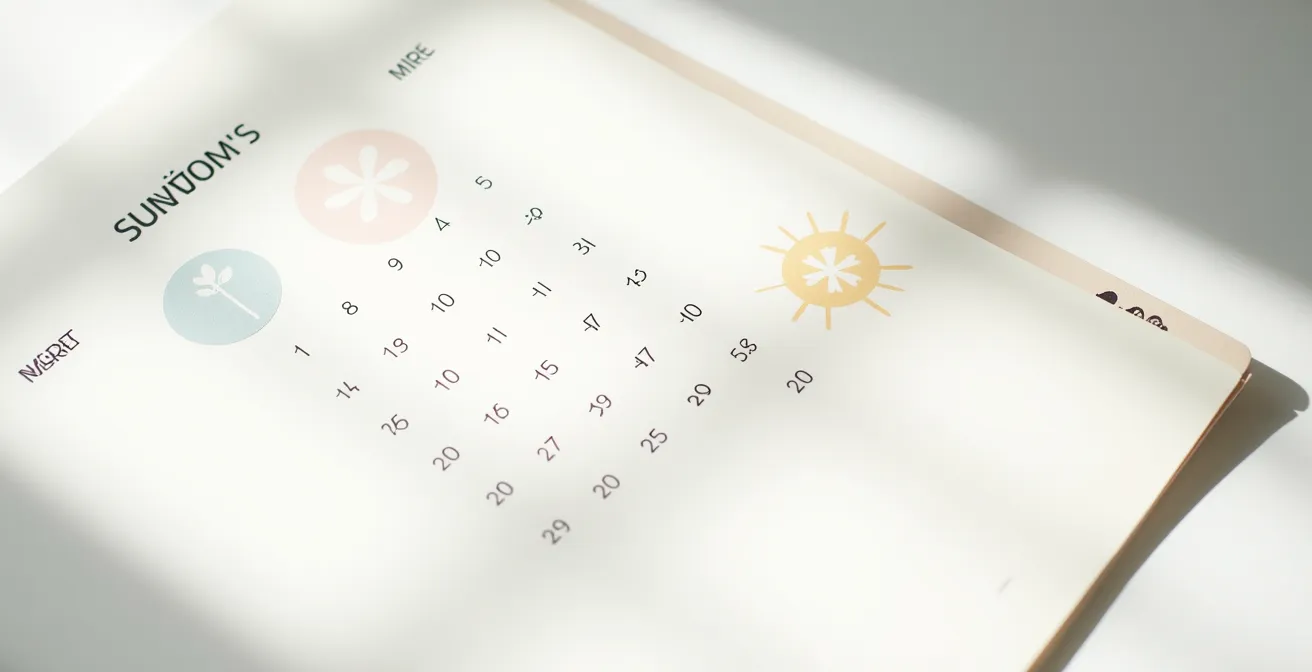 Vue minimaliste d'un calendrier avec des symboles saisonniers et des marqueurs de fréquence de soins