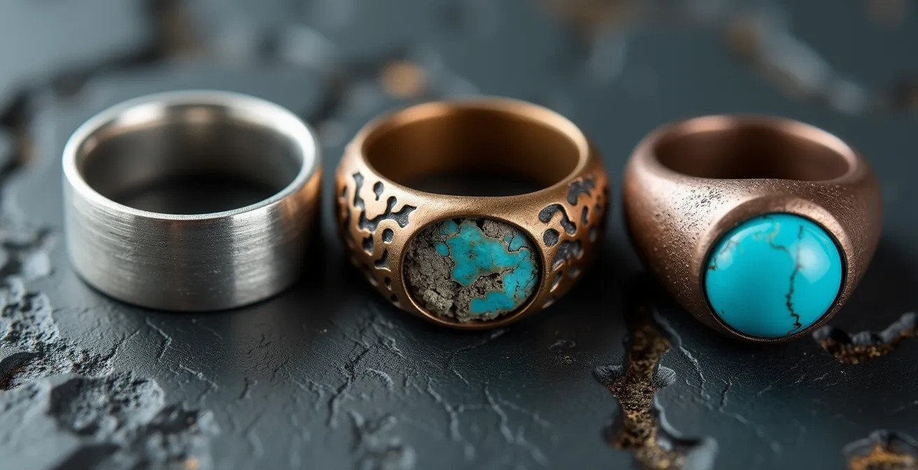 Trois chevalières aux finitions différentes : argent brossé, bronze patiné et pierre turquoise brute