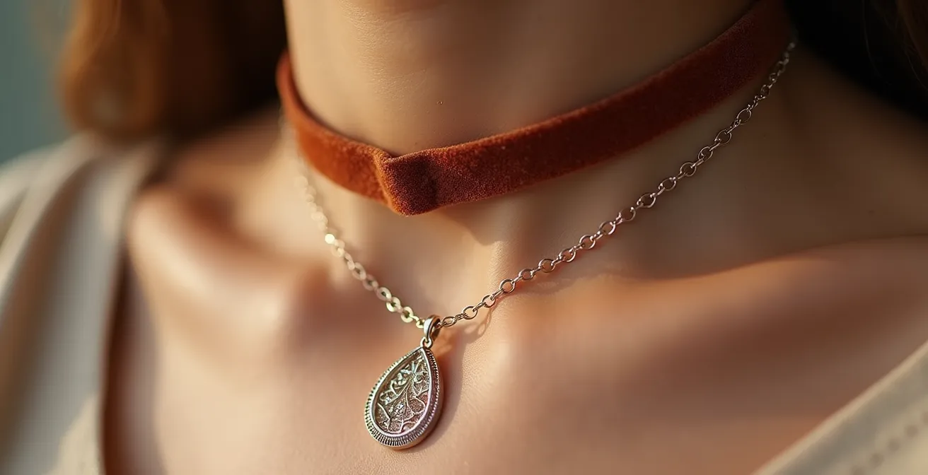 Gros plan sur un choker avec pendentif en forme de goutte porté à la base du cou