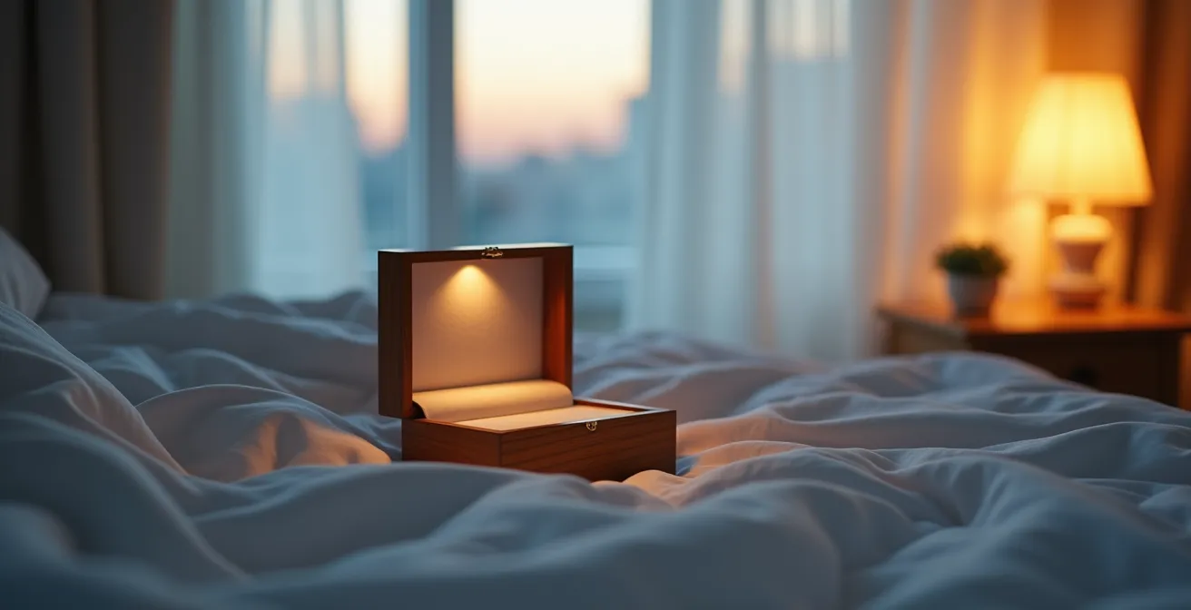 Écrin ouvert contenant médaille de baptême, ambiance douce de chambre d'enfant, lumière tamisée