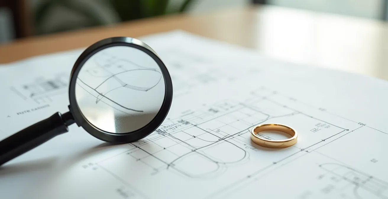 Loupe de joaillier grossissante posée sur un dessin technique de bague à côté du bijou fini