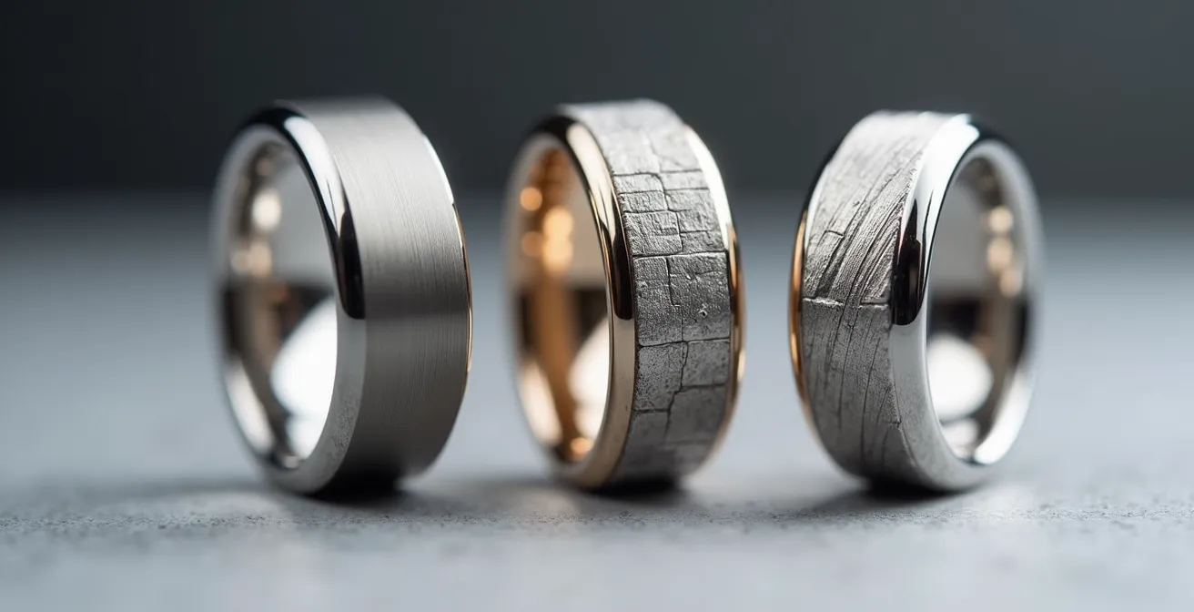 Macro de différents métaux de bijoux montrant leurs textures et finitions distinctes