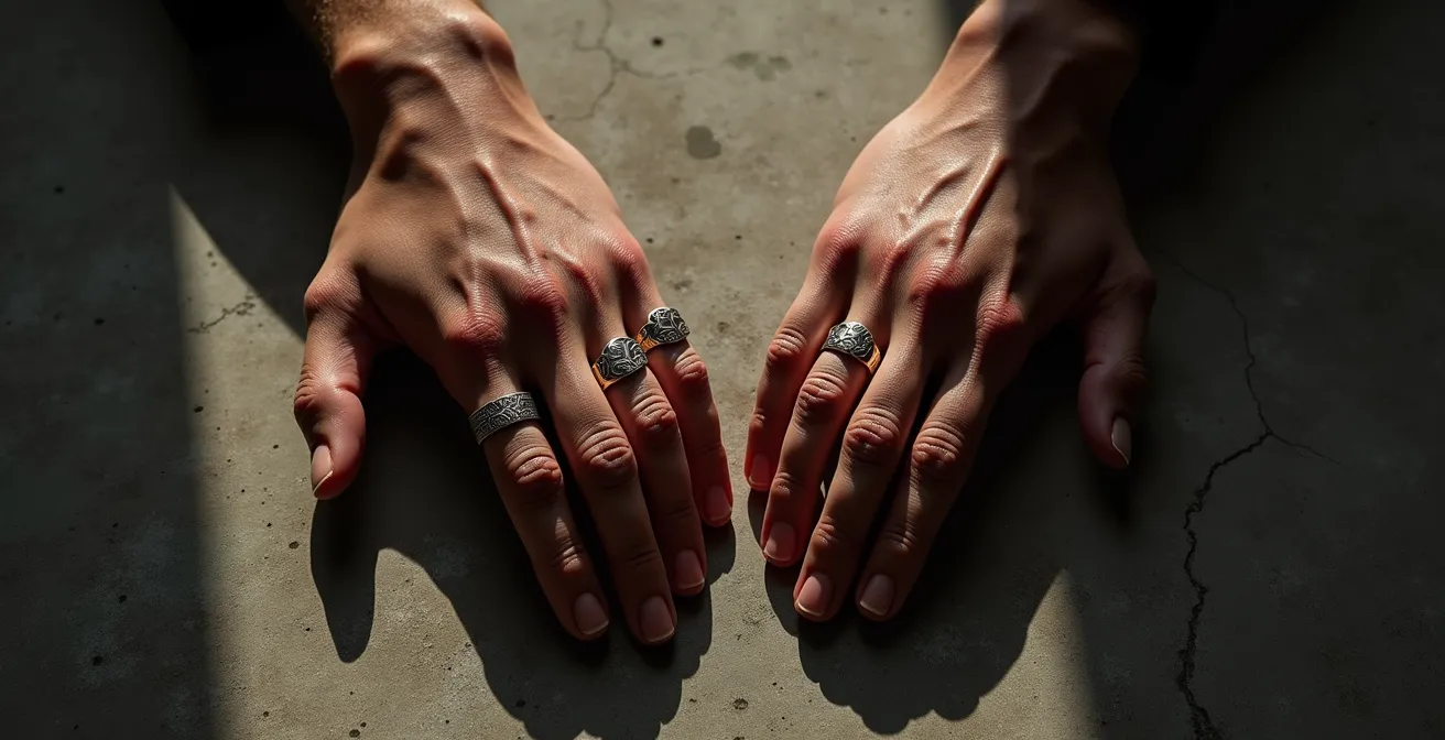 Deux mains côte à côte montrant l'orientation différente de la gravure d'une chevalière