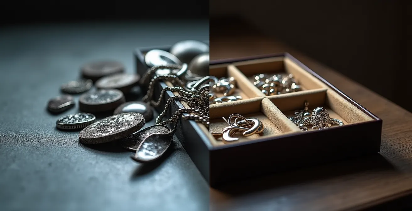 Comparaison visuelle entre bijoux rangés dans une boîte compartimentée et bijoux exposés à l'air libre montrant la différence d'oxydation