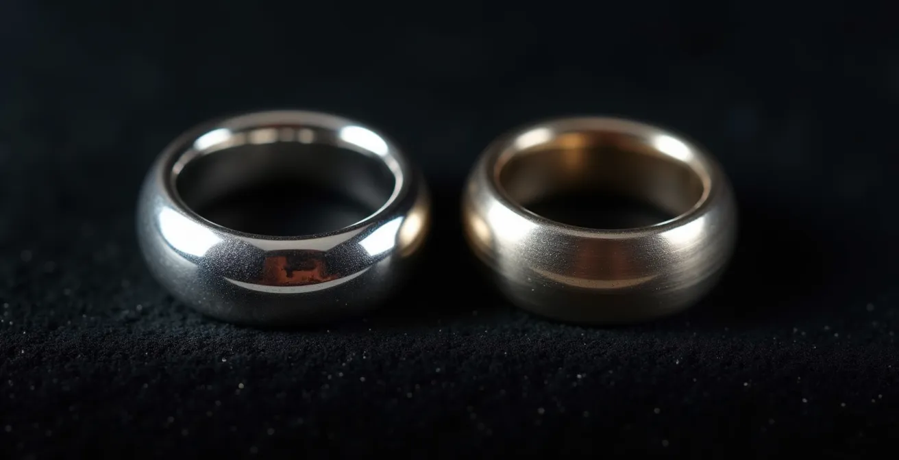 Deux bagues en argent 925 côte à côte montrant la différence entre finition rhodiée brillante et passivée naturelle