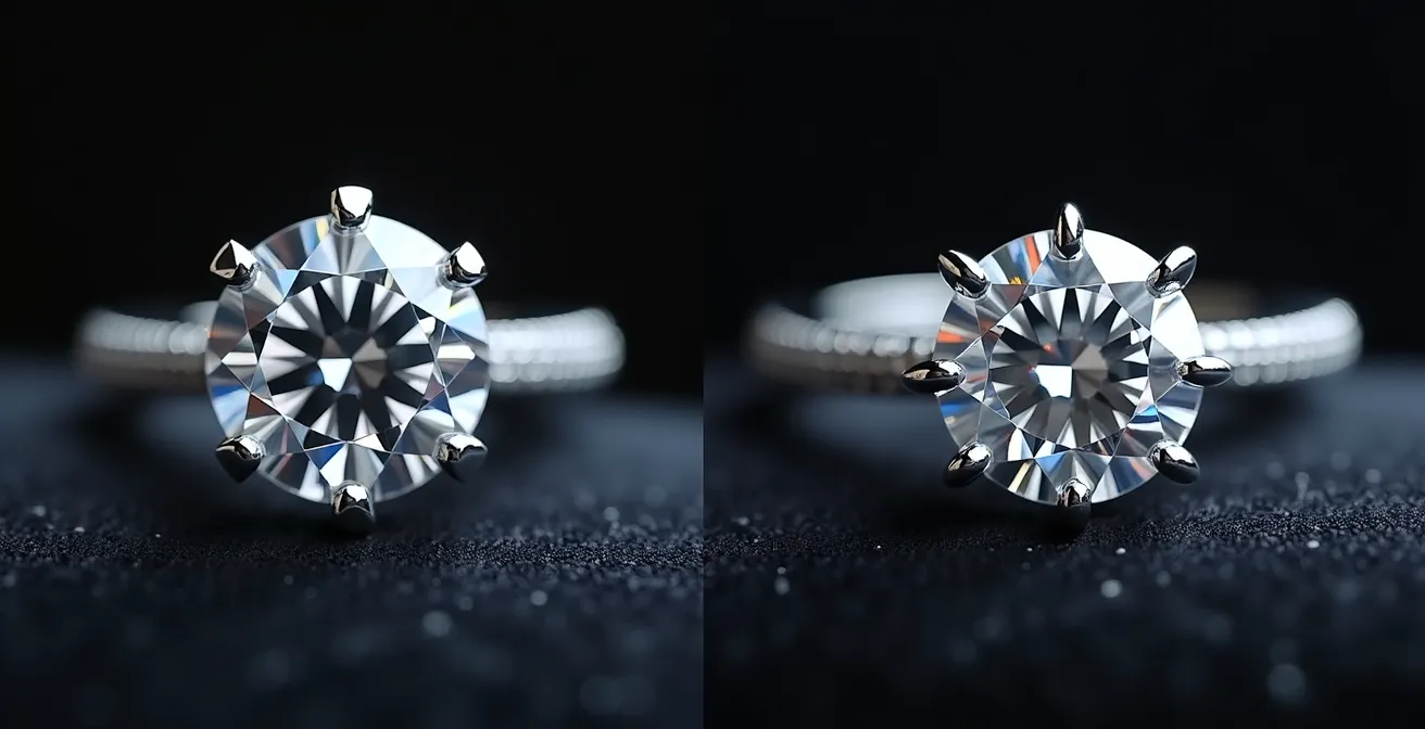Vue macro comparative d'un serti 4 griffes et 6 griffes sur diamants
