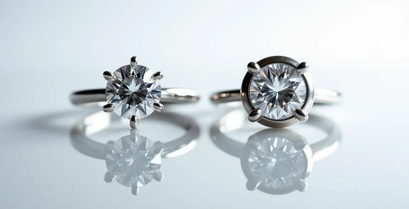 Gros plan macro sur deux bagues montrant le sertissage griffes et le serti clos