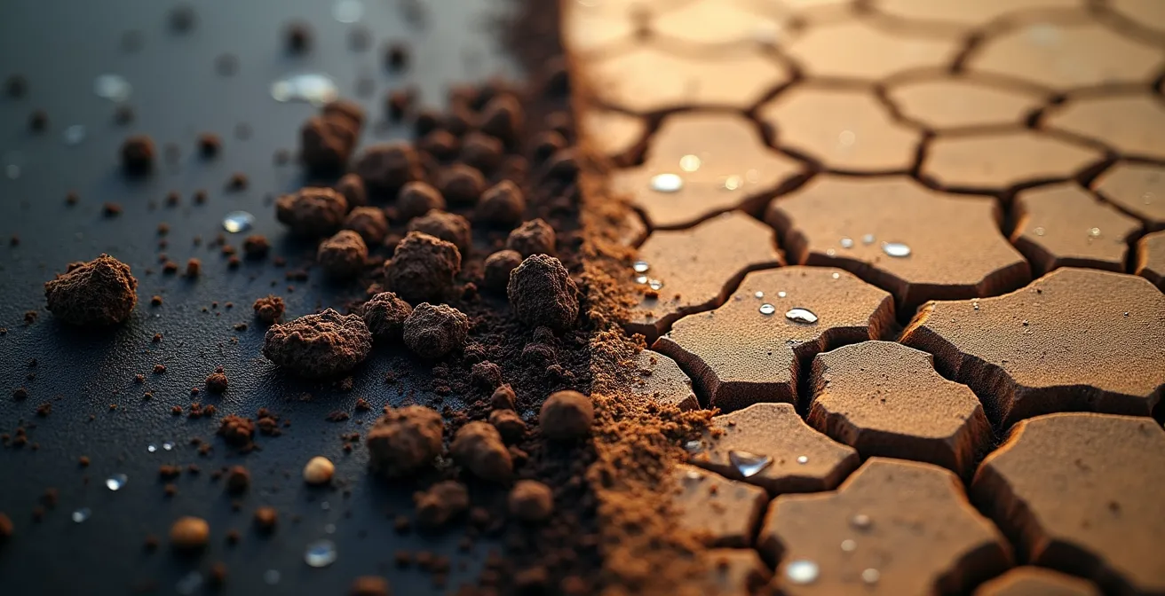 Coupe transversale de sols montrant la différence de rétention d'eau entre culture bio et conventionnelle