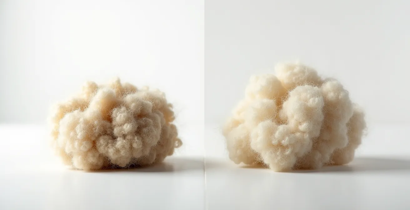 Comparaison visuelle de la structure des fibres de laine vierge et recyclée montrant le sertissage différent