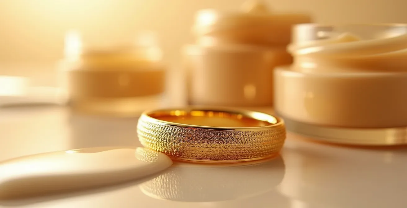 Produits cosmétiques et bijoux dorés illustrant l'incompatibilité chimique