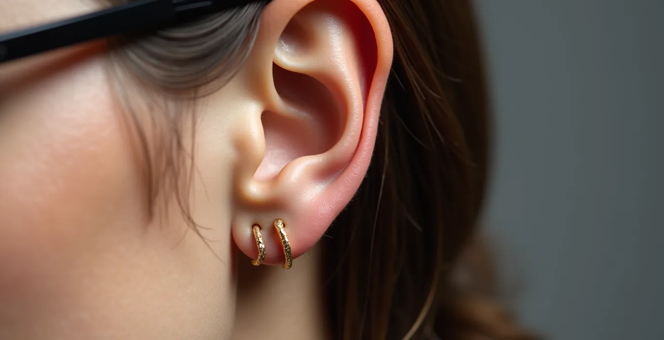 Gros plan sur une oreille portant une créole huggie fine avec des lunettes