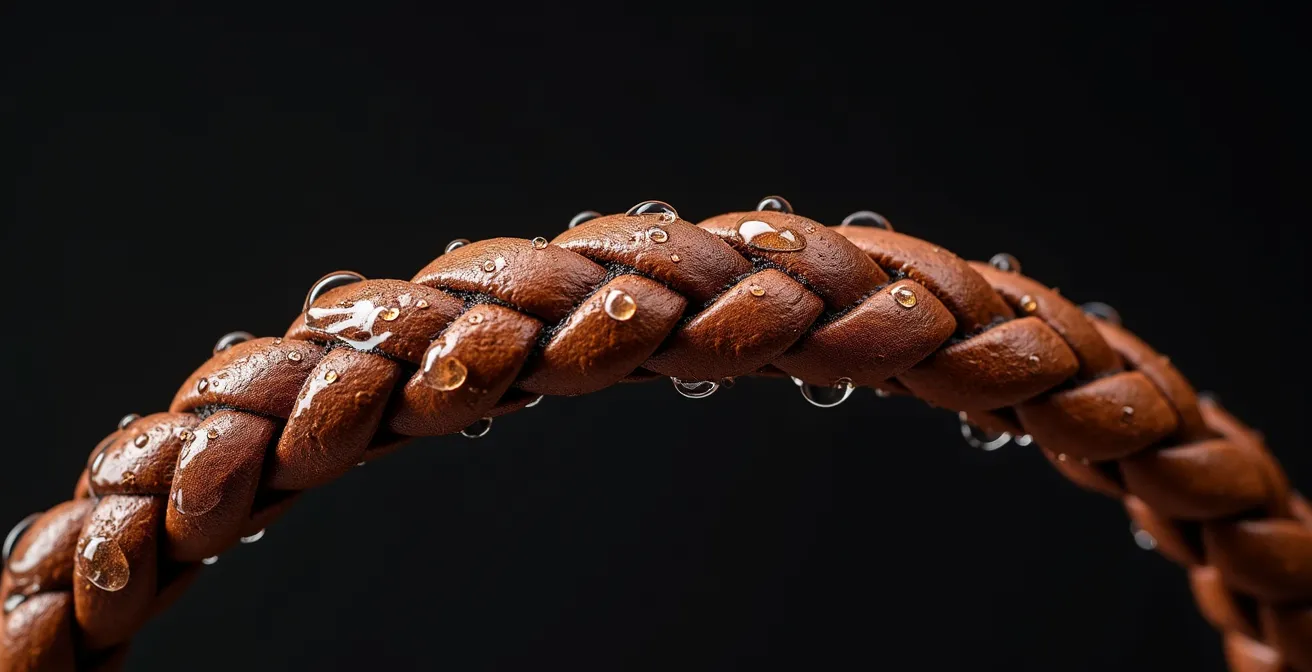 Détail macro d'un bracelet en cuir tressé avec gouttelettes d'eau montrant la détérioration