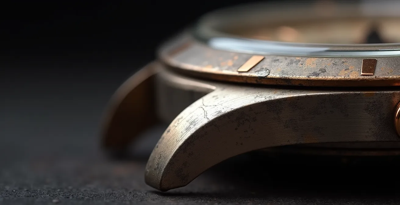 Détail macro d'un boîtier de montre vintage avec patine naturelle