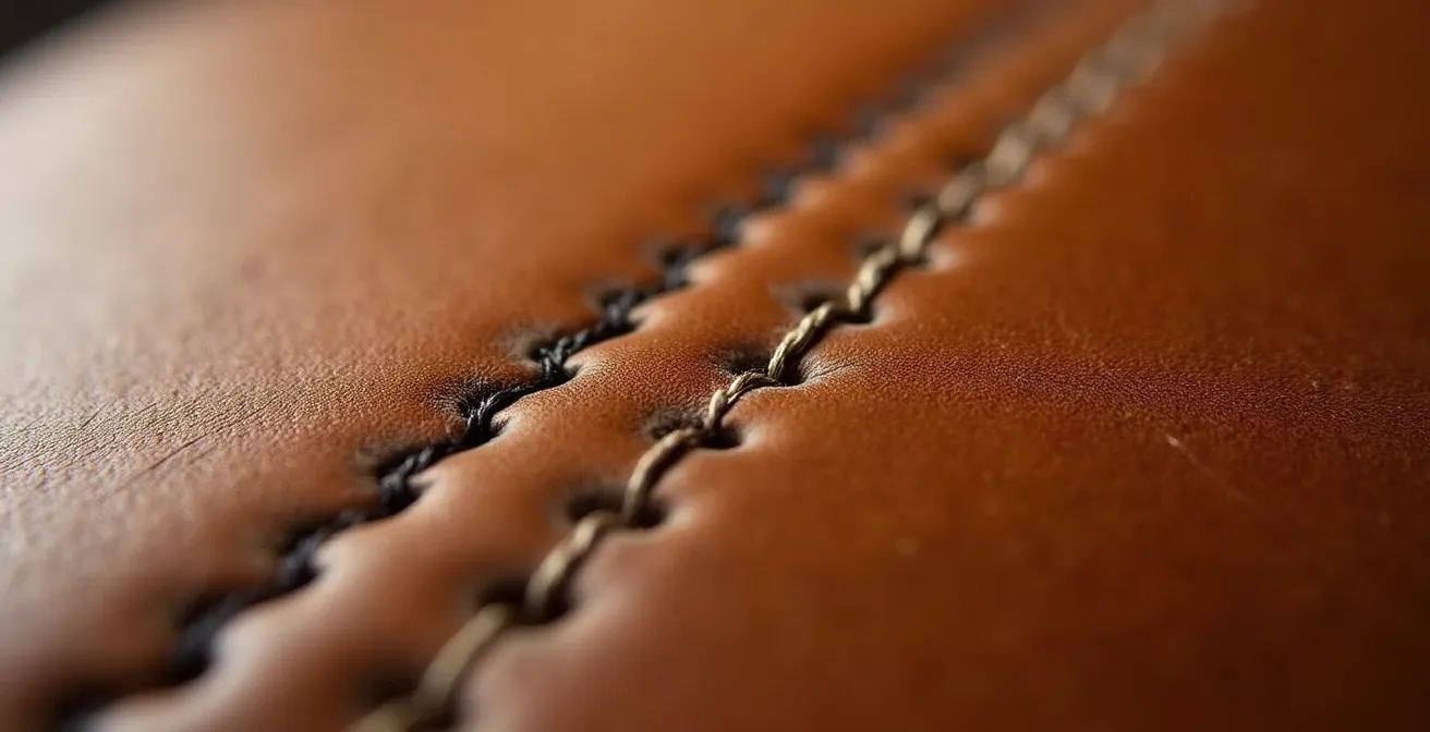 Gros plan macro sur une couture main montrant la texture et l'irrégularité naturelle du point sellier