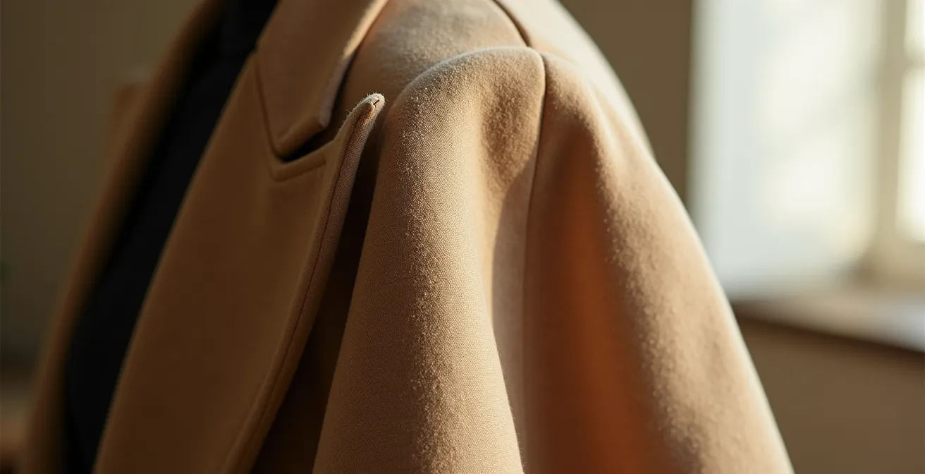 Détail macro d'une couture d'épaule tombante sur un blazer oversize