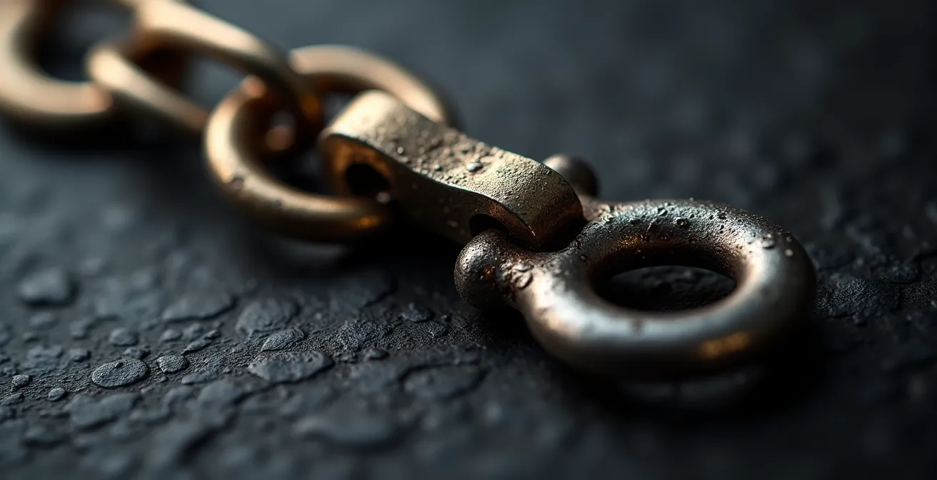 Vue macro détaillée d'un fermoir et d'anneaux de jonction montrant les points d'usure