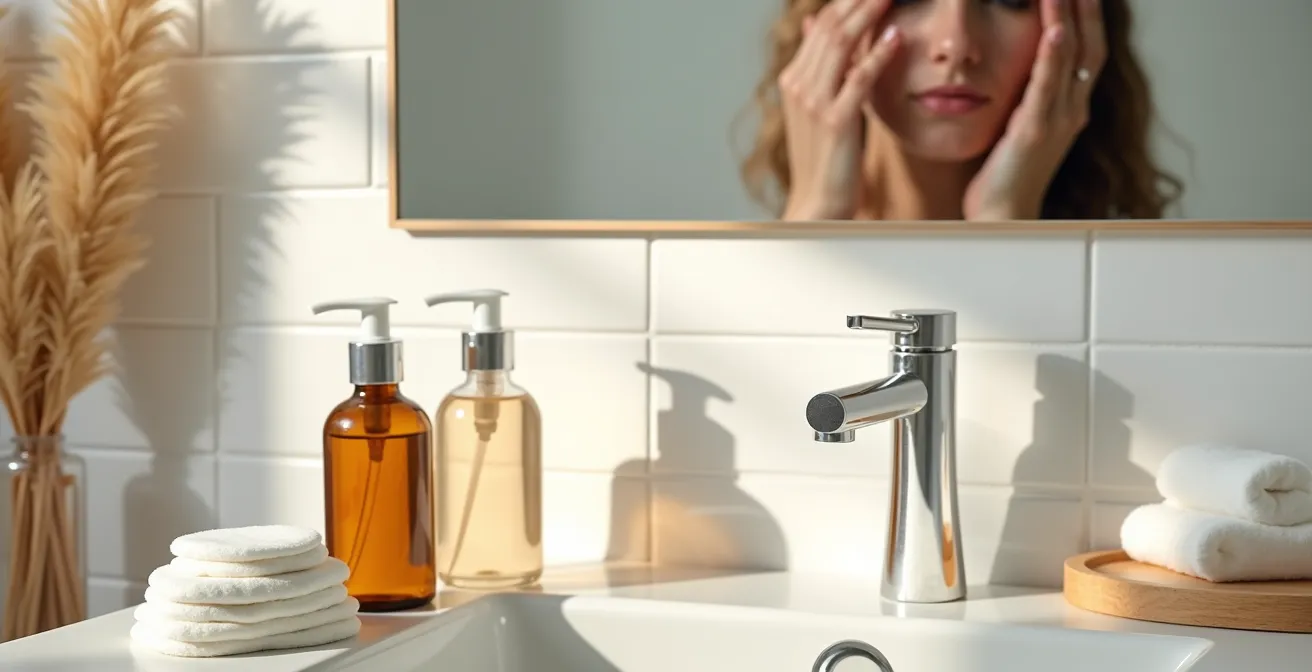 Double nettoyage avec huile et eau micellaire sur une peau