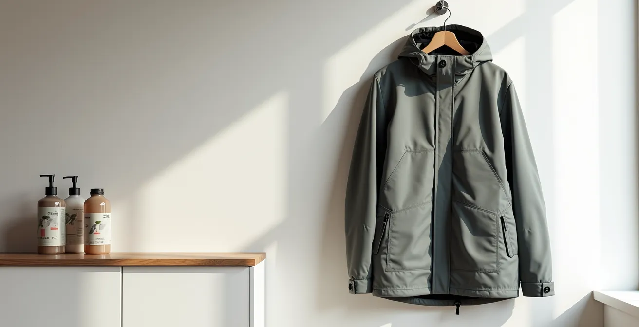 Gros plan sur le traitement d'un vêtement technique imperméable où l'eau perle parfaitement