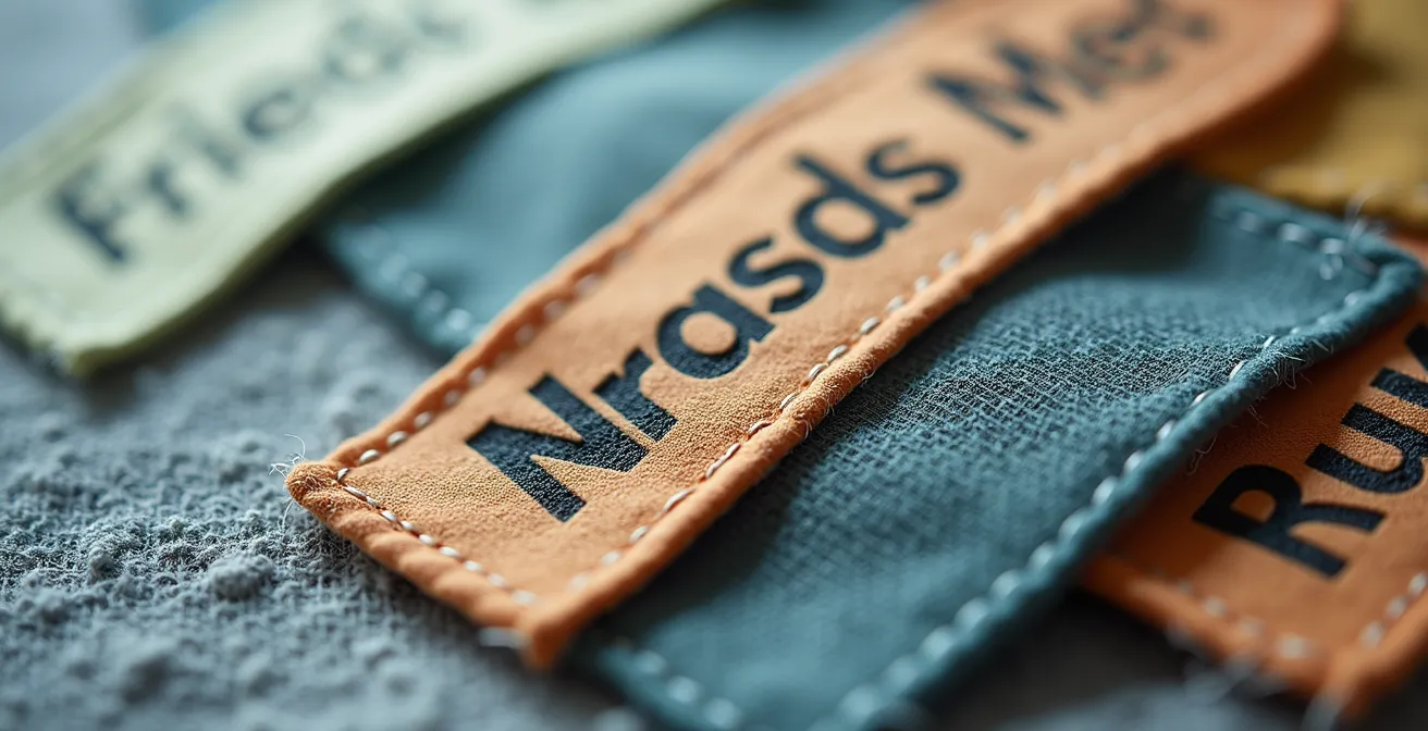 Gros plan sur des étiquettes textiles avec des termes marketing trompeurs floutés