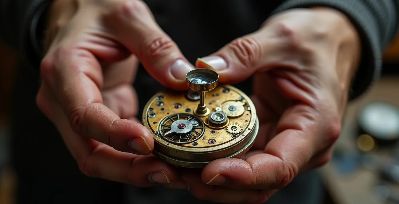 Mains d'expert examinant une montre vintage avec loupe d'horloger