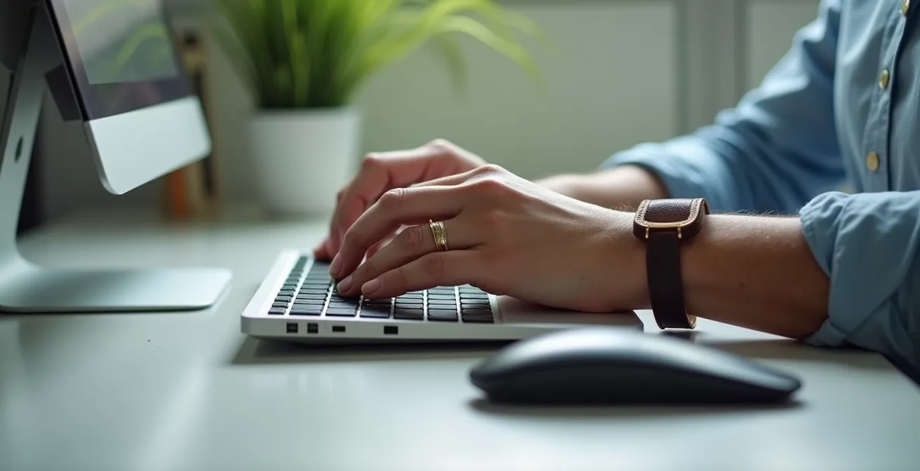 Mains féminines portant une manchette en cuir sur le poignet gauche, tapant sur un clavier d'ordinateur