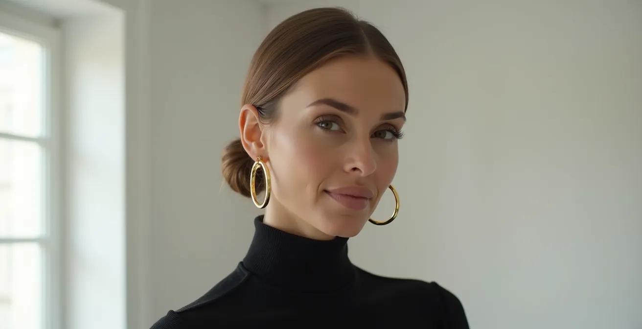 Femme élégante de 45 ans portant des créoles géantes avec un look minimaliste