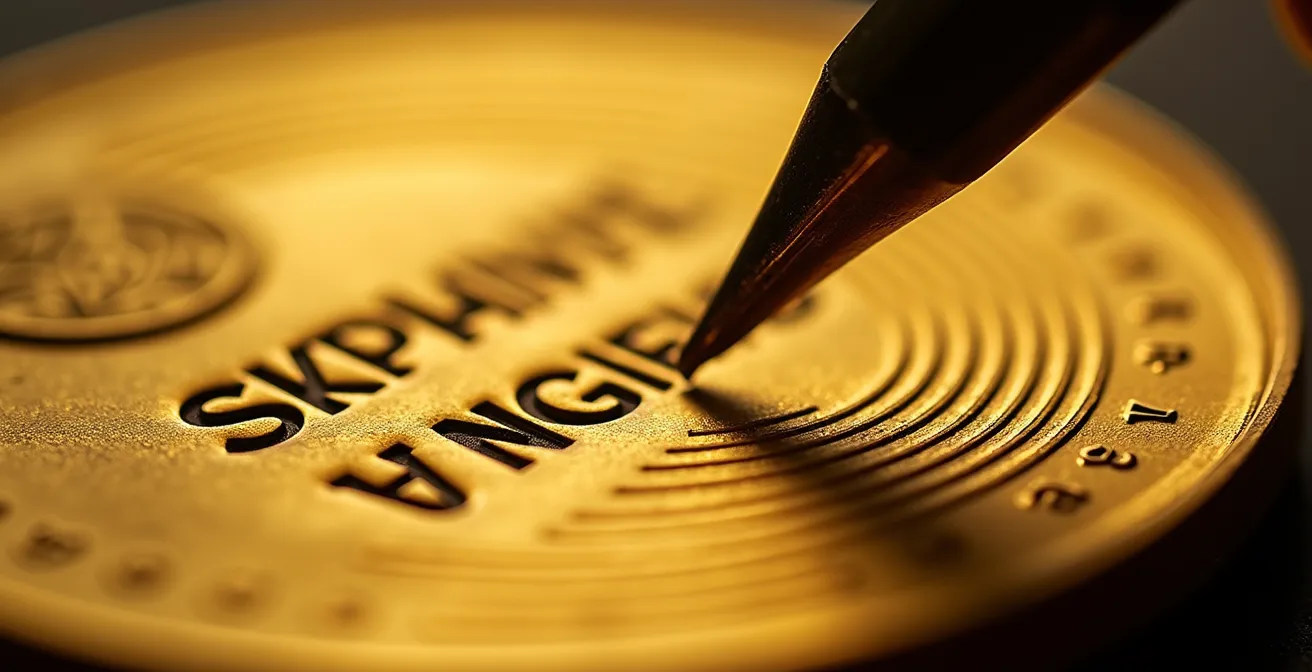 Détail macro d'une gravure délicate sur médaille or, calligraphie élégante visible