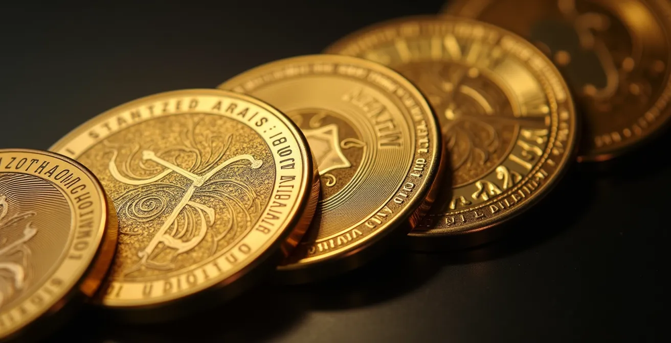 Détails de gravures symboliques sur plaques de gourmettes avec motifs géométriques et constellations