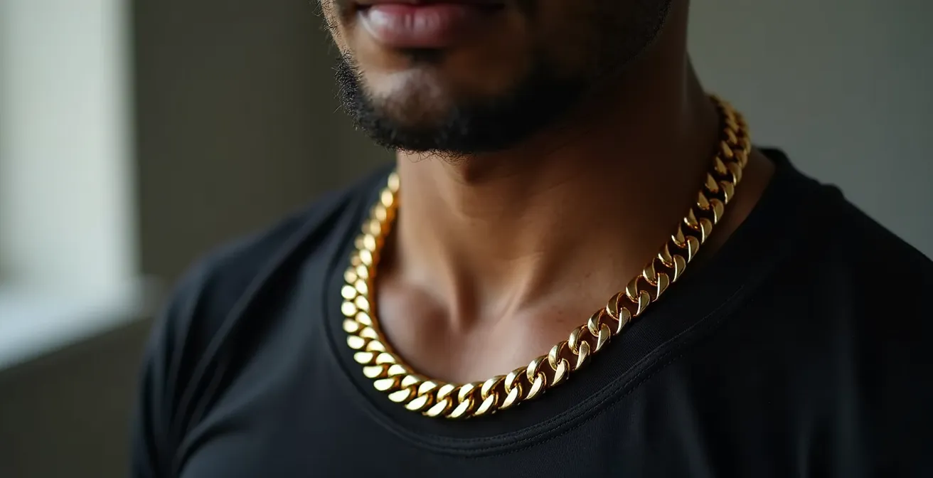 Portrait d'un homme portant une chaîne en maille forçat épaisse parfaitement proportionnée à sa carrure