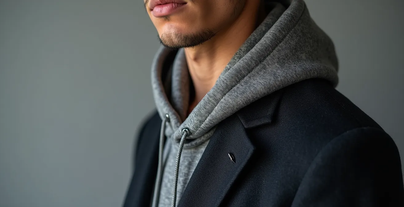 Combinaison harmonieuse d'un hoodie en mérinos sous un blazer structuré