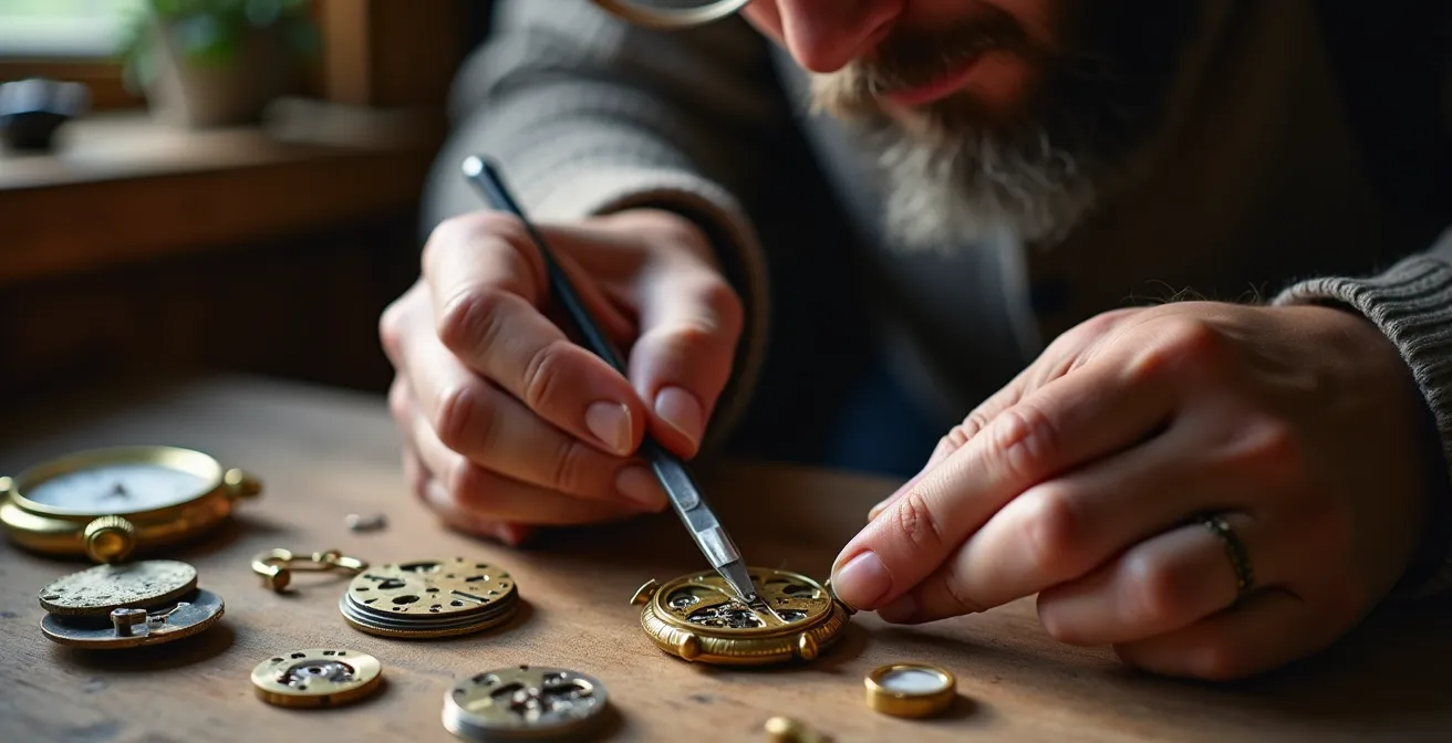 Horloger travaillant sur une montre mécanique dans un atelier suisse traditionnel