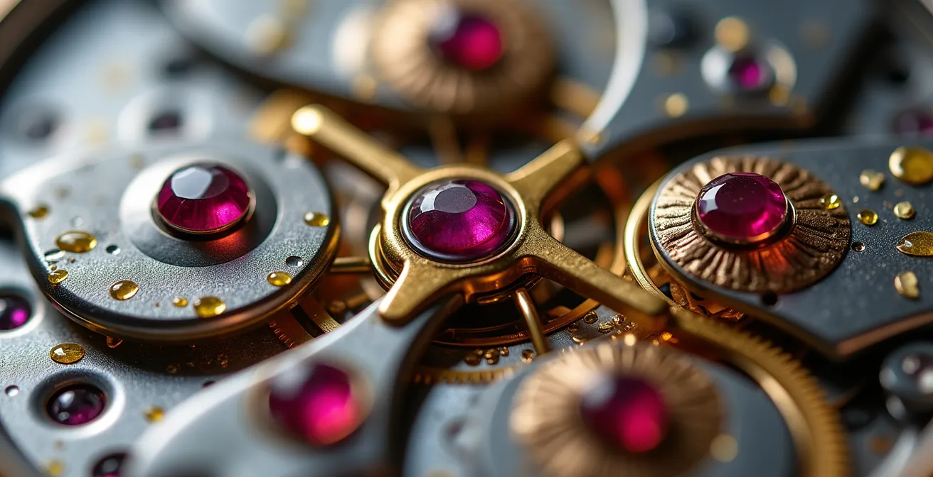 Détail microscopique de lubrifiants horlogers sur rubis et engrenages