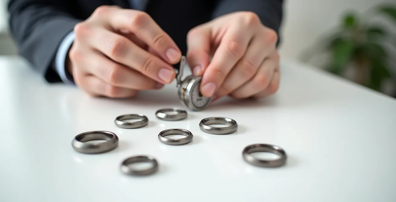 Mains mesurant un doigt avec un baguier professionnel et une bague en titane posée sur une surface