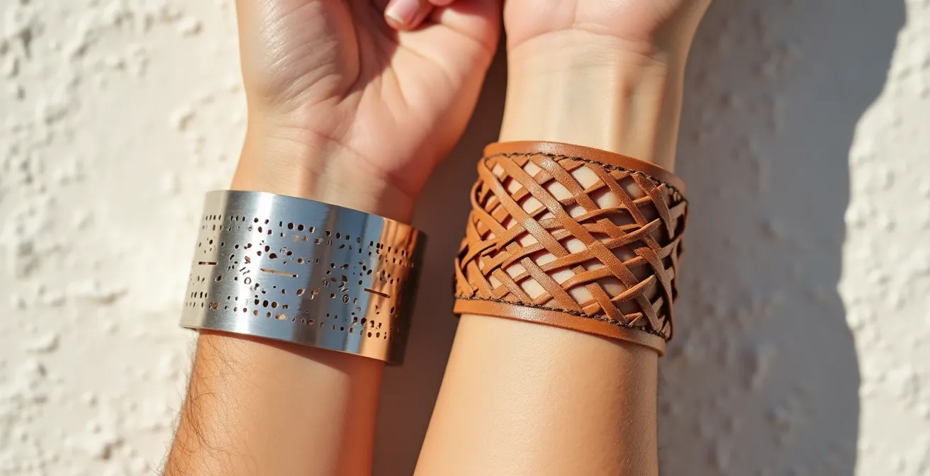 Comparaison visuelle de deux manchettes sur avant-bras : une en métal ajouré et une en cuir naturel tressé sous lumière estivale