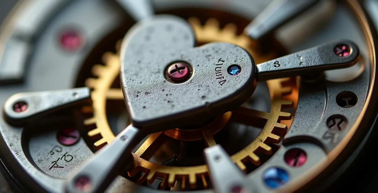 Vue macro du mécanisme de remise à zéro avec came en cœur et marteau d'un mouvement chronographe