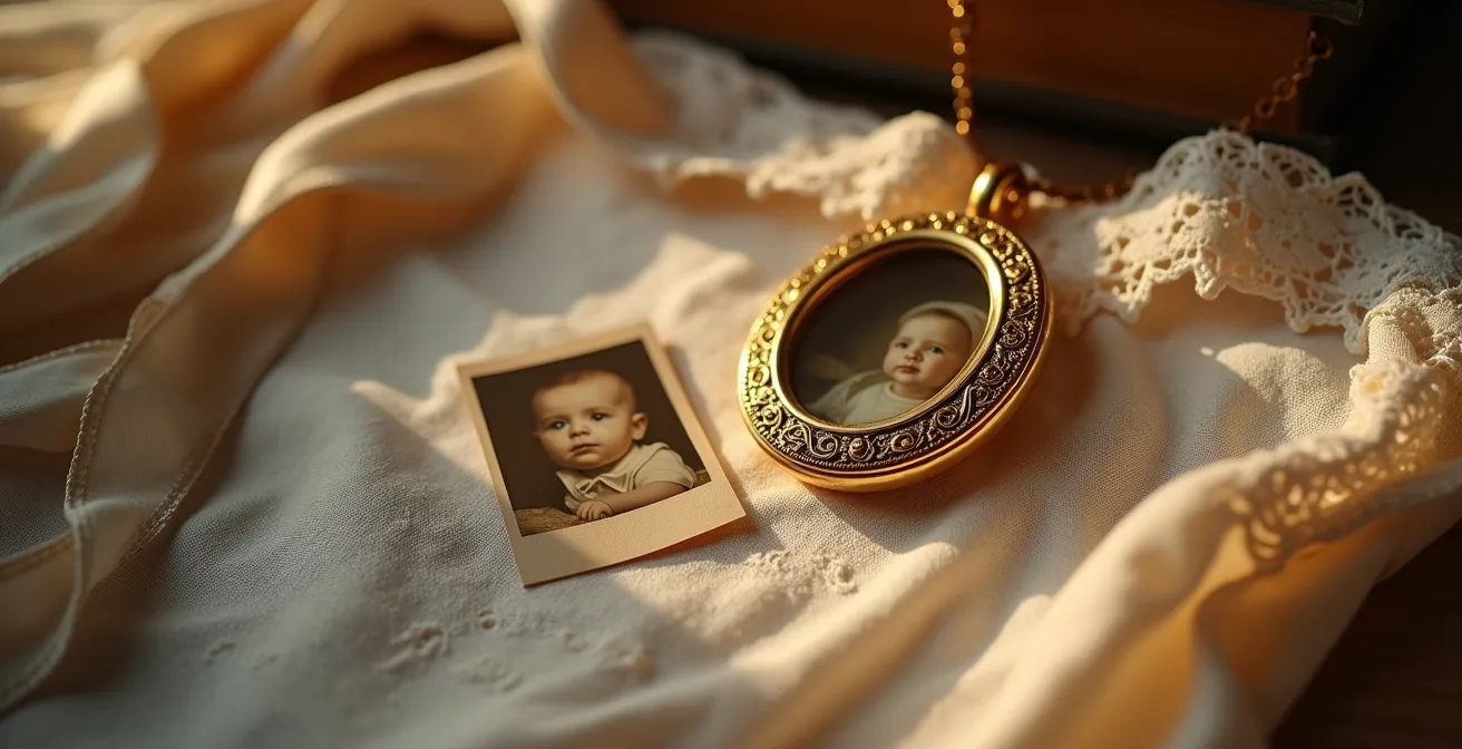 Médaillon en or jaune posé sur un faire-part de baptême avec une photo de bébé à côté
