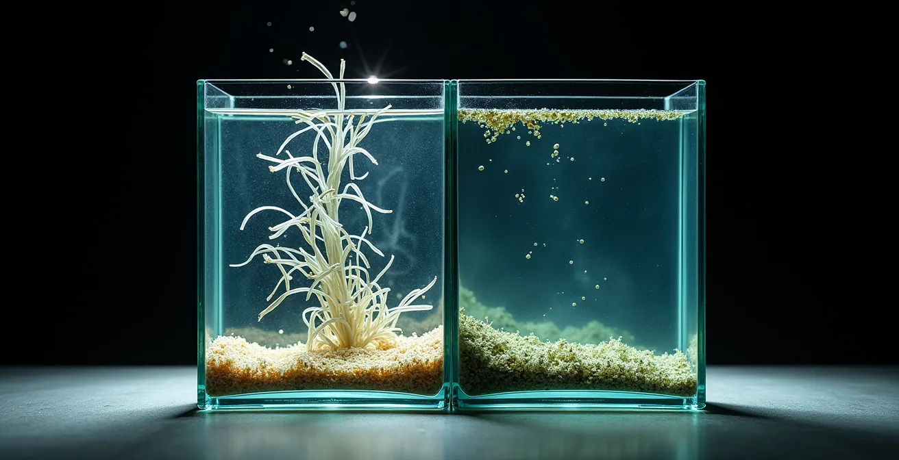 Visualisation de la différence entre microfibres biodégradables et microplastiques dans l'eau