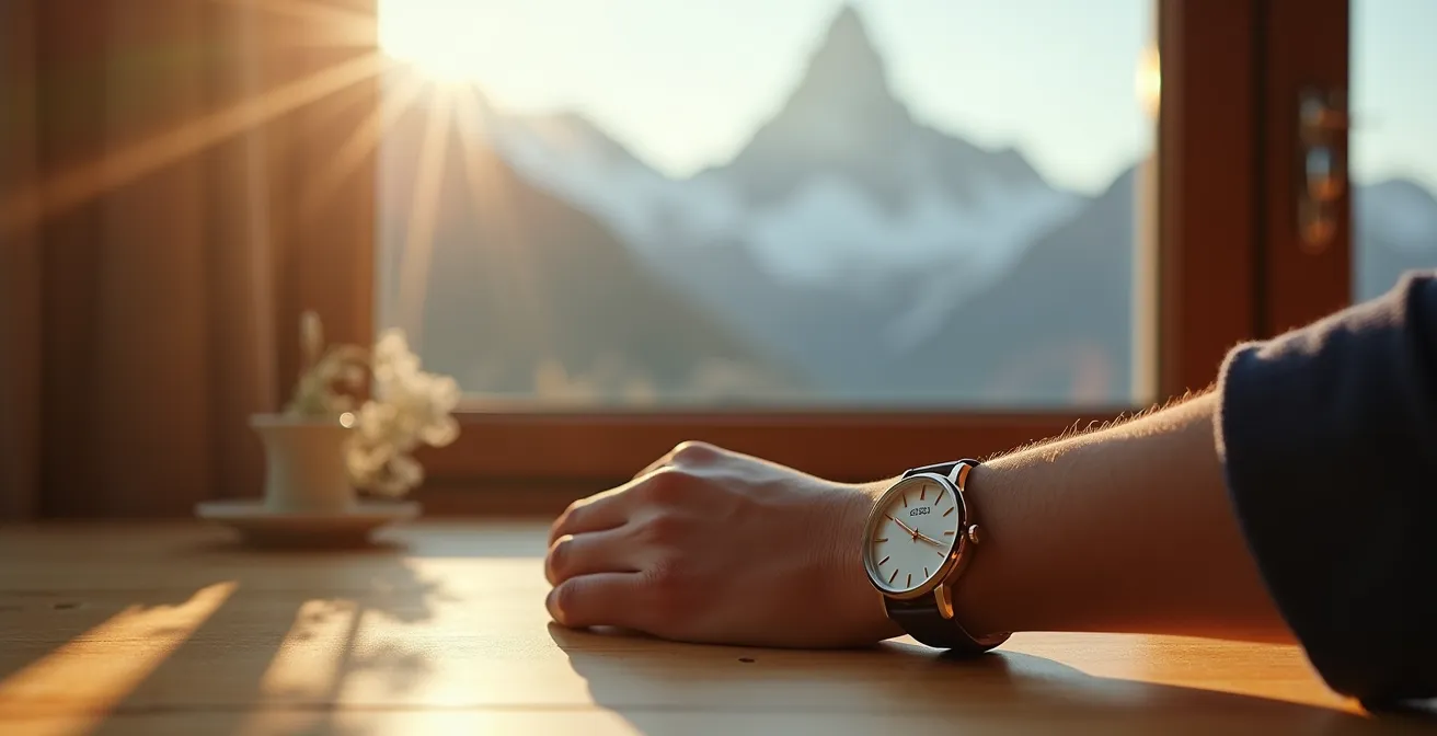 Montre suisse élégante portée au poignet dans un environnement raffiné